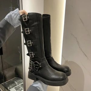 Femme bottes genou haute plate-forme élégante talon bas tendance Punk gothique New Rock cuir mode