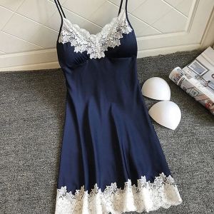 Robe de nuit d'été en soie pour femmes, Lingerie Sexy, dentelle, Patchwork, Mini robe de nuit,