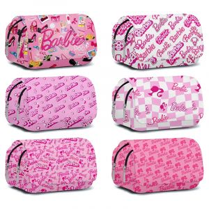 Barbie-Trousse à crayons imprimée de dessin animé pour enfants, sac à stylos double couche, grande