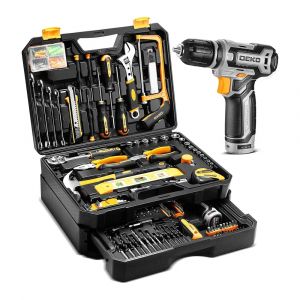 Kit d'outils de réparation à main, boîte à outils de mécanicien domestique avec perceuse sans fil