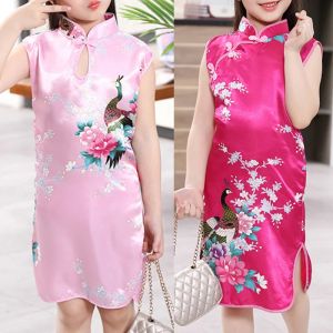 Robe Cheongsam pour petites filles de 2 à 8 ans, vêtements d'été paon, sans manches, Slim, robe