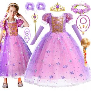 Robe raiponce pour enfants filles, d&eacute;guisement emm&ecirc;l&eacute;, Costume de princesse de carnaval, robe de