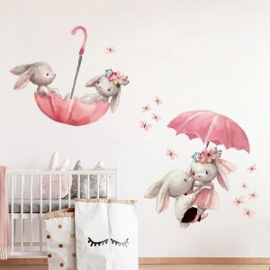 Dessin anim&eacute; rose parapluie papillon lapin amoureux stickers muraux pour chambre d'enfants b&eacute;b&eacute;