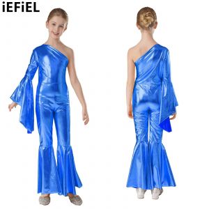 Combinaison de danse m&eacute;tallique pour enfants filles, th&egrave;me de carnaval, bas de cloche brillant,