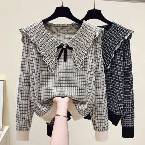 Plaid Vintage acrylique tricoté col claudine pull femme pull à manches longues femme chandails hauts