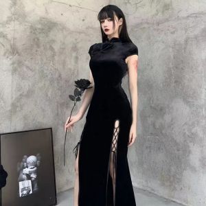 Robe Cheongsam Qipao Alberoise pour Femme, Tenue de Style Gothique Foncé, Sexy, Fente Latérale,