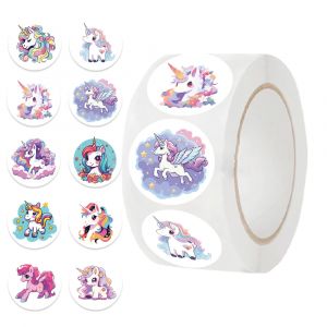 Rouleau d'autocollants licorne animaux de dessin animé, 500 pièces/rouleau, autocollant de