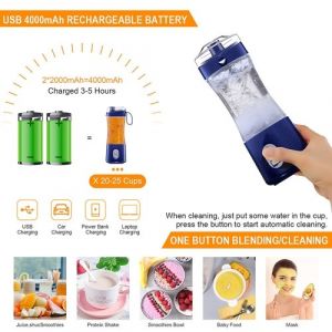 Blender Portable pour Shakes et Smoothies Taille Personnelle Voyage Fruit Juicer Mixer Cup avec Rechargeable 4000mAh USB Rechargeable Batterie Petit Electric Individuel Mini Blender pour Juice Milk