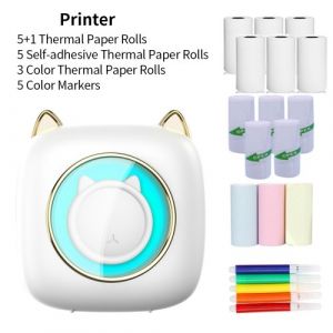 Imprimante mini-pocket Imprimante thermique portative sans fil BT avec 6 rouleaux de papier thermique + 5 pcs papier thermique adhésif + 3 pcs papier thermique couleur + 5 marqueurs de couleur