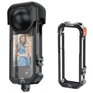 Cage de cam&eacute;ra panoramique VRIG Cage vid&eacute;o en alliage d'aluminium avec double fixations &agrave; chaussure froide Couvert de l'objectif en silicone Remplacement du cadre de protection m&eacute;tallique pour les accessoires Insta360 X4 Vlog