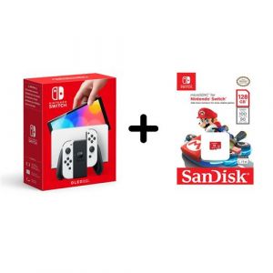 Nintendo Switch (mod&egrave;le OLED) avec station d&rsquo;accueil et manettes Joy-Con blanches + Carte m&eacute;moire microSD SanDisk SDSQXAO-128G-GNCZN 128 Go Rouge