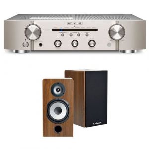Un ampli Marantz PM6007 Argent et Or + une paire d'enceintes biblioth&egrave;que Cabasse Antigua MT32/2 Edition sp&eacute;ciale Noyer