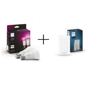 Pack de 2 ampoules connectées Philips Hue White et Color Ambiance E27 75W Blanc + Interrupteur intelligent de lumière Philips Hue Dimmer Switch Blanc