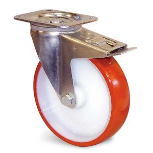 Roulette polyur&eacute;thane corps polyamide rouge &agrave; platine pivotante + frein D 100 mm GUITEL HERVIEU EP4BD100-28L