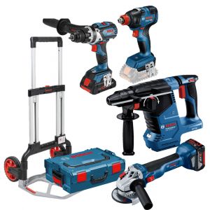 Kit 4 outils 18V (GSR110/GDX210/GWS10/GBH24) + 3 batteries + chargeur + coffret L-Box - BOSCH