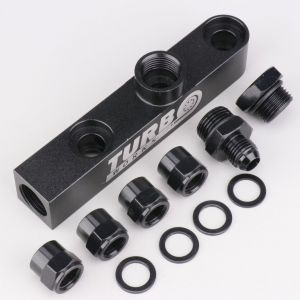 Collecteur pour double pompe à essence kartcross, autocross avec raccords Dash-6 Turbo Works noir