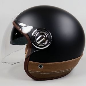 Casque jet Nox Heritage noir mat et cuir marron