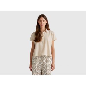 Benetton, Chemise Légère À Manches Courtes, size L, Beige, Femme