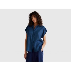 Benetton, Chemise Coupe Classique En Pur Lin, size XL, Bleu Horizon, Femme