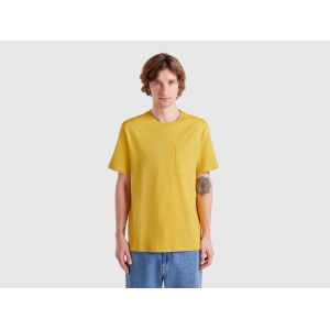 Benetton, T-shirt Jaune Moutarde En Coton Bio À Petite Poche, size L, Moutarde, Homme