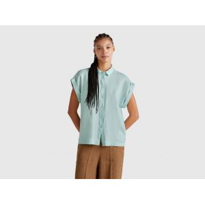 Benetton, Chemise Coupe Classique En Pur Lin, size M, Bleu Vert, Femme