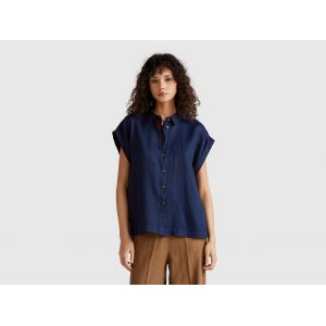 Benetton, Chemise Coupe Classique En Pur Lin, size XXS, Bleu Foncé, Femme