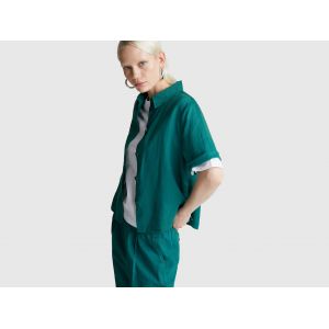 Benetton, Chemise Courte En Pur Lin, Taille: M, Vert Foncé, Femme