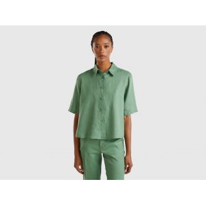 Benetton, Chemise Courte En Pur Lin, Taille: XL, Vert, Femme