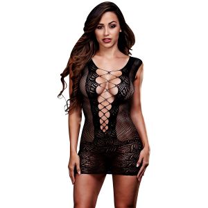 Baci Dreams Corset Front Lace Mini Robe en Dentelle - Noir - Taille Unique