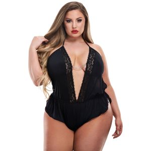 Baci Teddy Sexy en Satin Taille Plus - Noir - Plus size