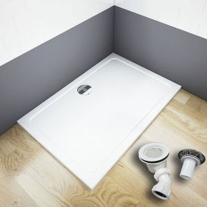 AICA receveur de douche blanc 90x70x3cm rectangulaire, extra-plat, gel coat, bac à douche anti-dérapant avec la bonde de receveur et le siphon 90cm