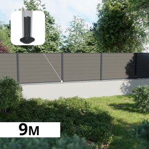 Kit Clôture Composite sur Muret RIO Platine 9x1,8m - Bois composite & Aluminium - Poteaux sur Platines Gris - Brise vue