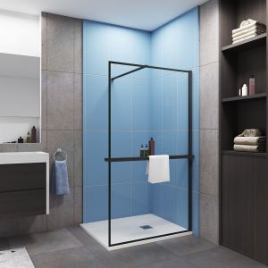 Paroi de douche à l'italienne cadre noir 80x200cm installé avec une barre de fixation en 140cm,livré avec étagère de douche noir