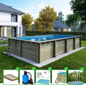 Piscine en bois Aqua 8.5x4.35 - H.1.45 m cadre en m&eacute;tal, sans dalle b&eacute;ton - BAS7309OSPU
