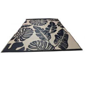 Tapis d&eacute;coratif d ext&eacute;rieur 280x180cm - beige et feuilles exotiques noir