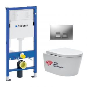 Pack Bati-support Geberit UP100 + plaque Delta50 chrome mat + cuvette SAT suspendue sans bride et fixations invisibles