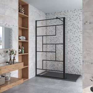 Paroi de douche à l'italienne 100+30x200cm avec barre de fixation noire 90cm en carré, paroi de douche style modèle avec retour pivotant 30cm en noir mat