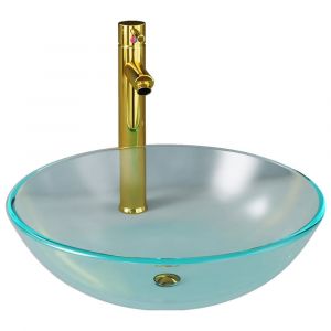 Lavabo de bain avec robinet et drain à poussoir vasque à poser de toilette lave-mains de salle de bain lavabo de salle d'eau diamètre 42 cm verre trempé 02_0002851