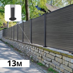 Kit Clôture Composite sur Muret SANTOS Ardoise 13x1,8m - Bois composite & Aluminium - Poteaux sur Platines Gris - Brise vue