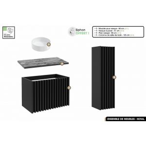 Ensemble complet de salle de bain - Meuble - Colonne - Vasque à poser avec Siphon OFFERT / NOVA / Noir / 80 x 56 x 45 cm