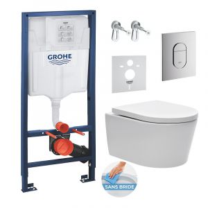 Grohe Pack WC bâti support Solido 113cm + Cuvette SAT rimless fixations invisibles + Abattant softclose + Plaque chrome (ArenaSat)