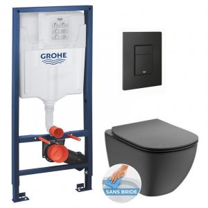 Grohe Pack WC Bâti support + WC noir mat Ideal Standard Tesi Aquablade + Abattant softclose + Plaque noire mat