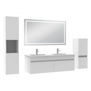 Ensemble meuble salle de Bain 120cm avec colonne + miroir mural lumineux 3 couleurs blanc