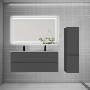 AICA Ensemble meuble double vasque L.120cm 4 tiroirs + lavabo + LED miroir + colonne,anthracite 1