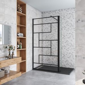 Paroi de douche à l'italienne 90+30x200cm avec barre de fixation noire 70-120cm en cylindrique, paroi de douche style modèle avec retour pivotant 30cm en noir mat