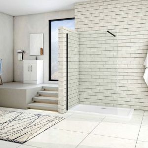 Paroi de douche 100x200cm avec barre de fixation 90cm recoupable, profilé noir mat, AICA paroi de douche à l'italienne en 8mm verre securit anticalcaire