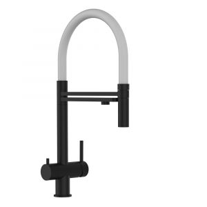 Mitigeur De Cuisine 3 Voies en ACIER INOXYDABLE Chirurgical, avec bec pivotant 360° et douchette 2-jets détachable, PVD Noir Mat / Blanc