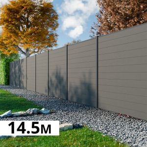 Kit Cloture Composite RIO Platine 14,5x1,8m - Bois composite & Aluminium - Poteaux Gris - Montage Facile - Occultation - Brise vue - Recoupable