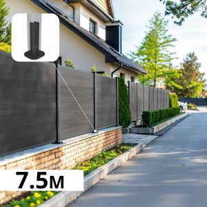 Kit Clôture Composite sur Muret CRUZ Ardoise 7,5x1,8m - Bois composite & Aluminium - Poteaux sur Platines Gris - Brise vue