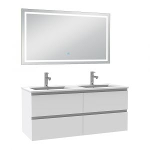 Ensemble meuble de salle de bain avec tiroirs 120cm, vasque c&eacute;ramique et LED miroir, blanc
